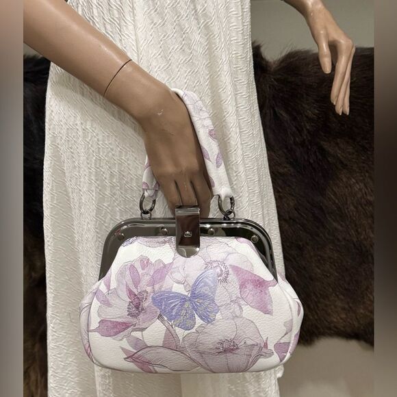 Butterfly Print Cowhide Leather Handmade Rivet Frame Push Lock Multi Use Handbag - Picture 4 of 16